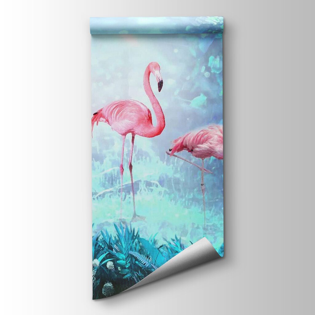 Group of pink flamingos in a forest