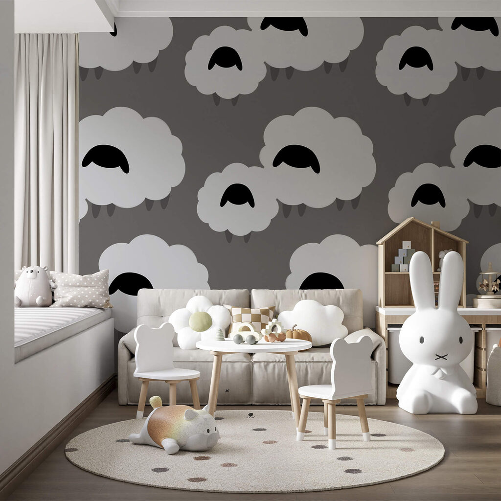 Groep witte wolken met zwarte schapen Groep witte wolken met zwarte schapen