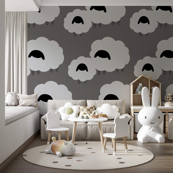 Fotobehang Fotobehang Groep witte wolken met zwarte schapen (Artikelnummer: t00402)