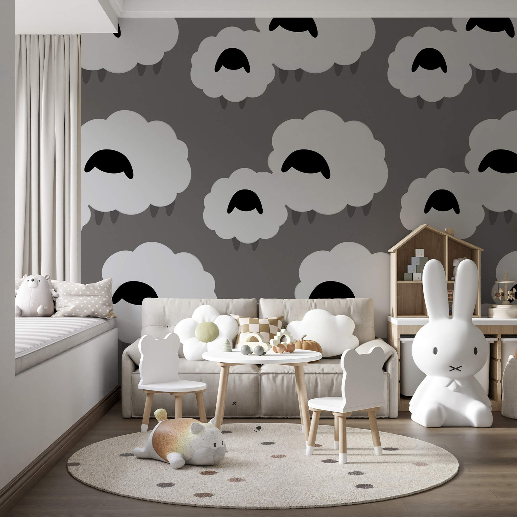 Groep witte wolken met zwarte schapen Groep witte wolken met zwarte schapen