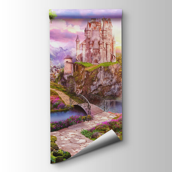Castle on a cliff with a waterfall and a bridge