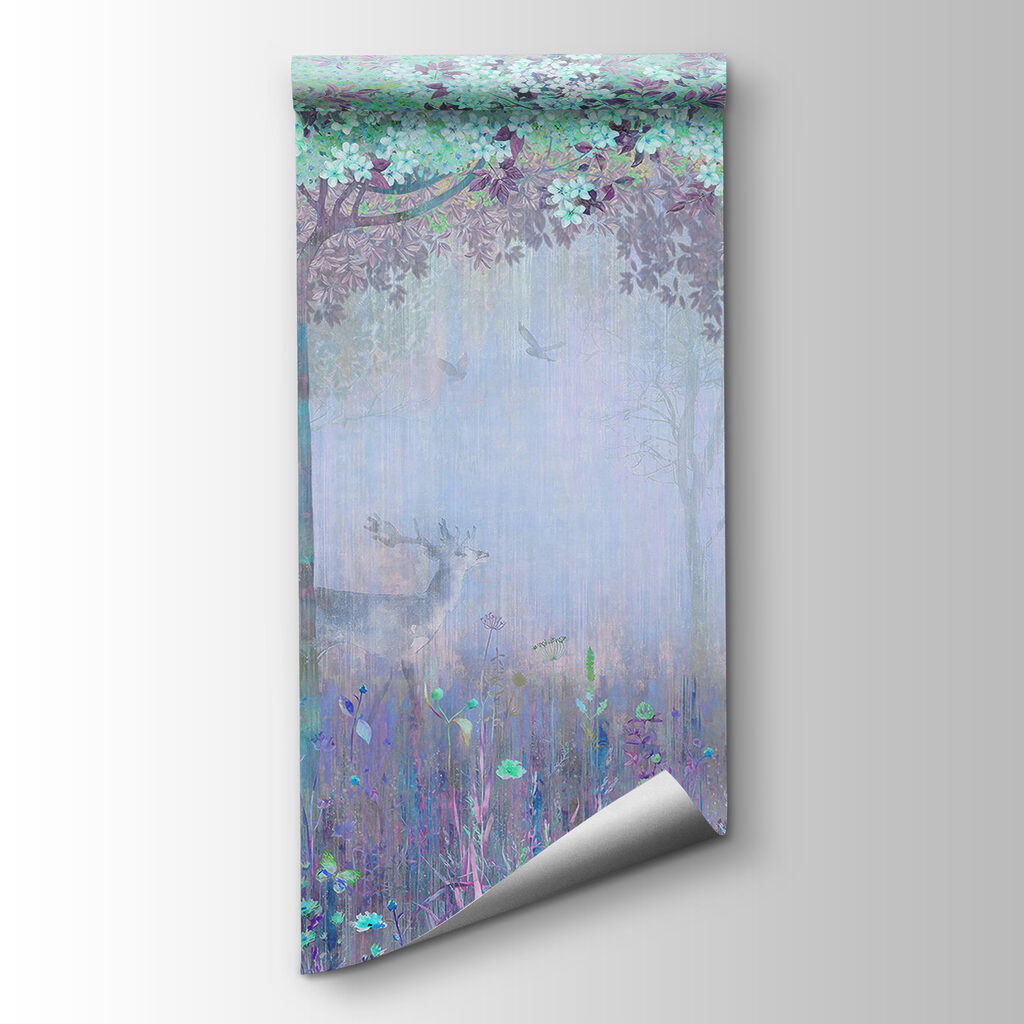 A painting of a forest with trees and flowers