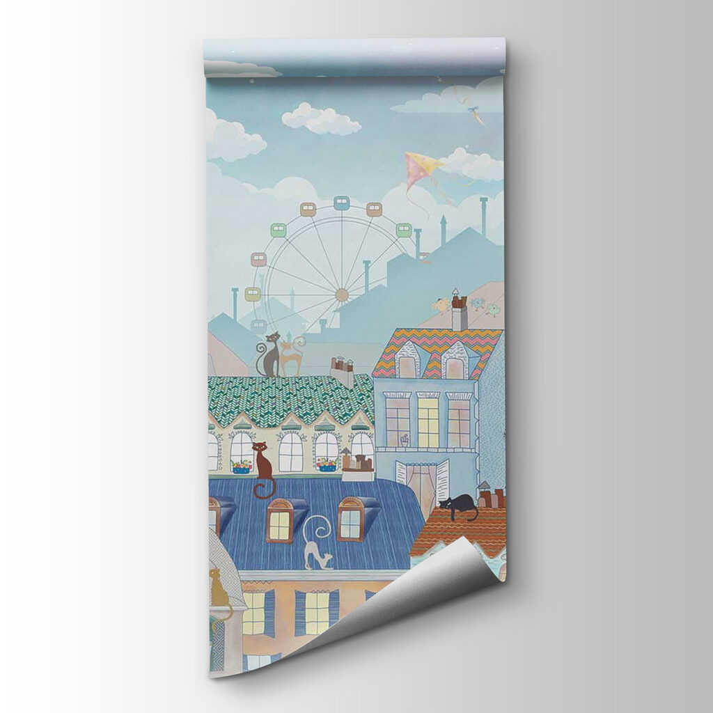 Cartoon city with many buildings and hot air balloons