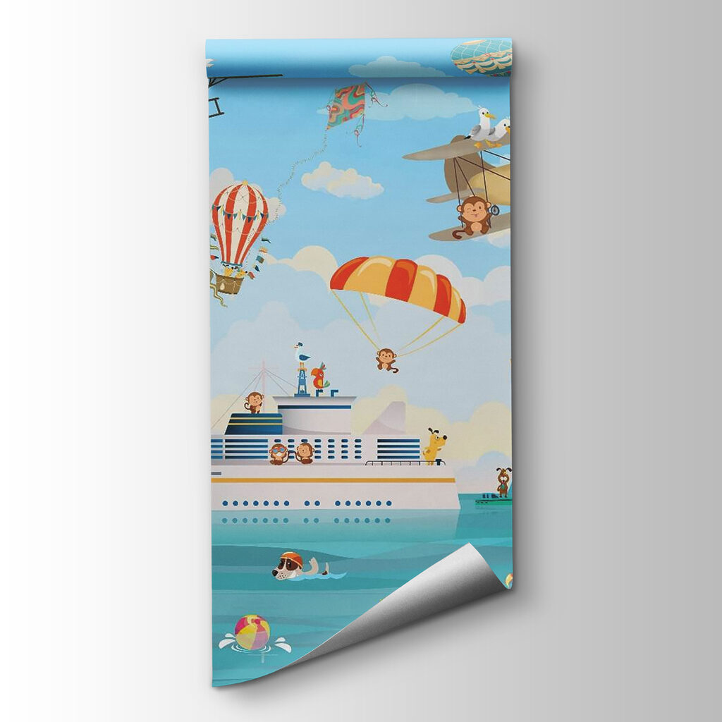 Cartoon animals flying over a boat Cartoon animals flying over a boat