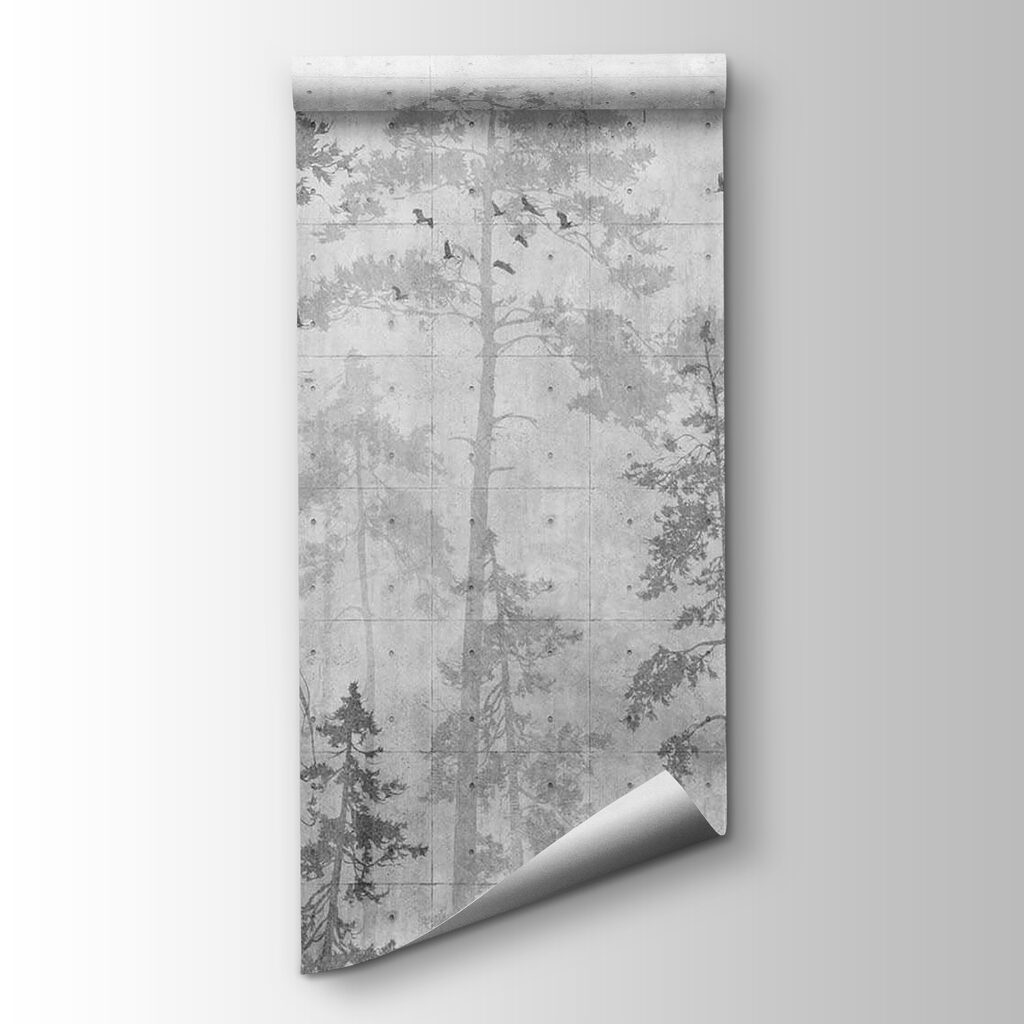 Grey wall with trees and birds