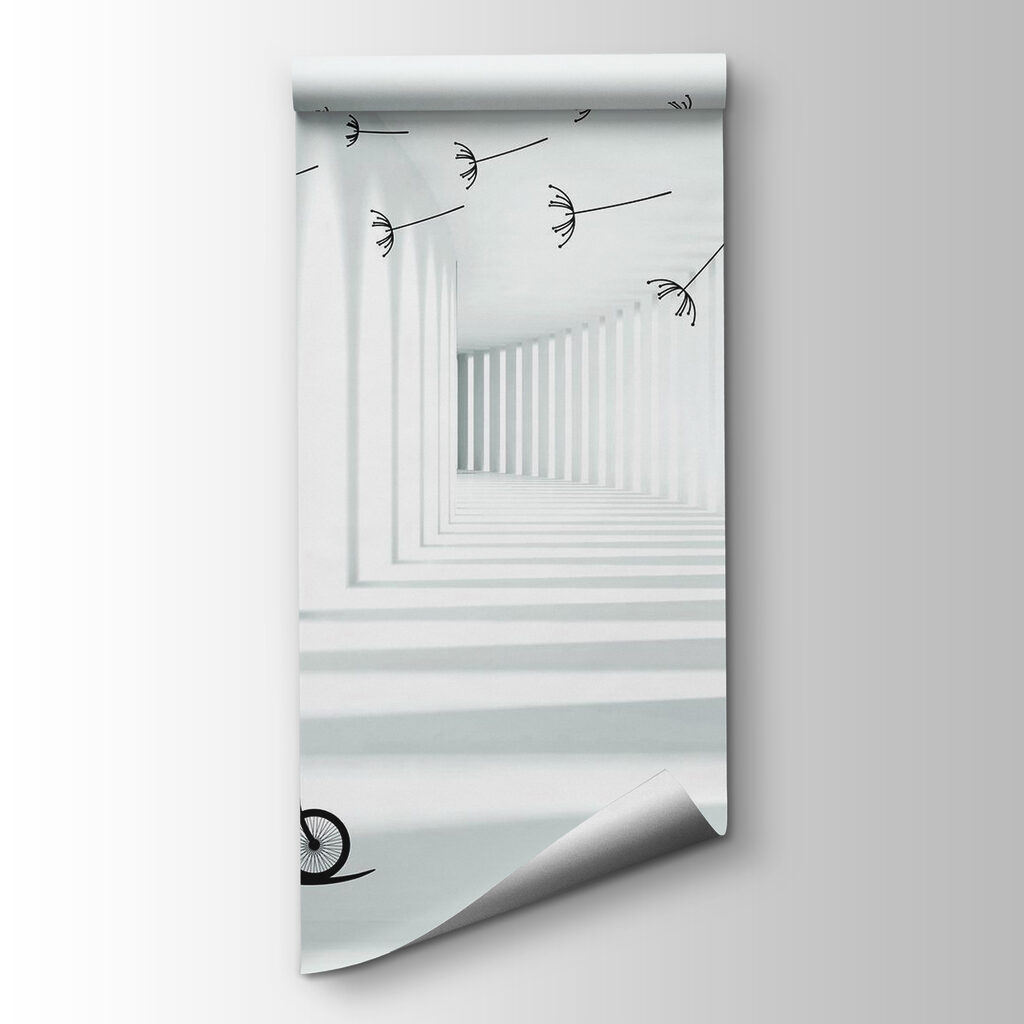 Girl riding a bike in a room with dandelions