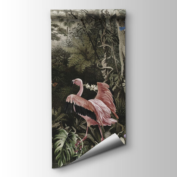 Group of pink flamingos in a forest