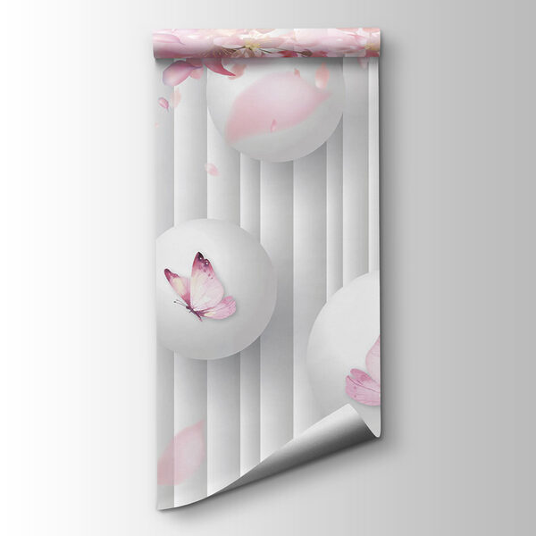 Group of white balls with pink butterflies on them Group of white balls with pink butterflies on them