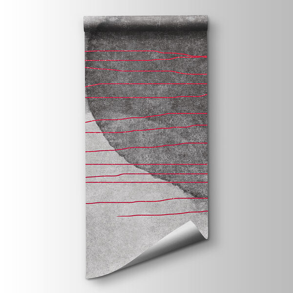 A black and white painting with red lines