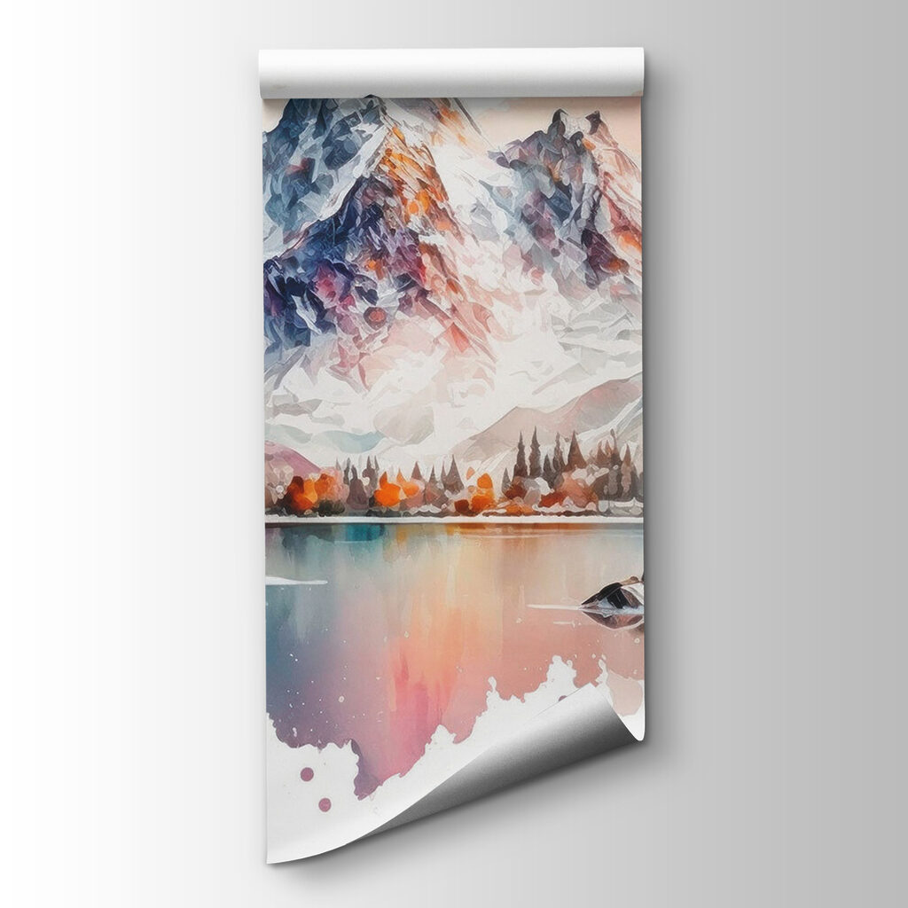 Watercolor painting of a mountain and a lake