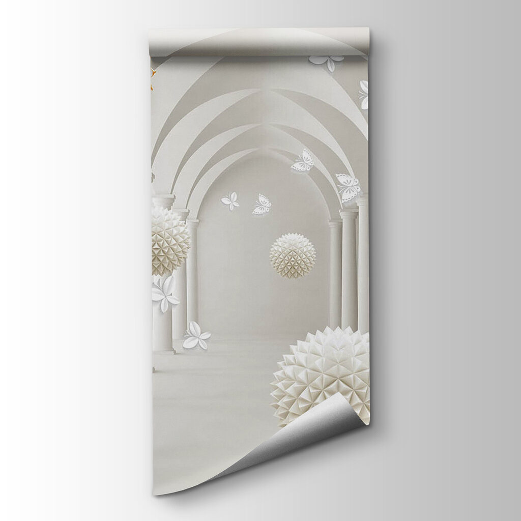 White room with white flowers and white balls White room with white flowers and white balls