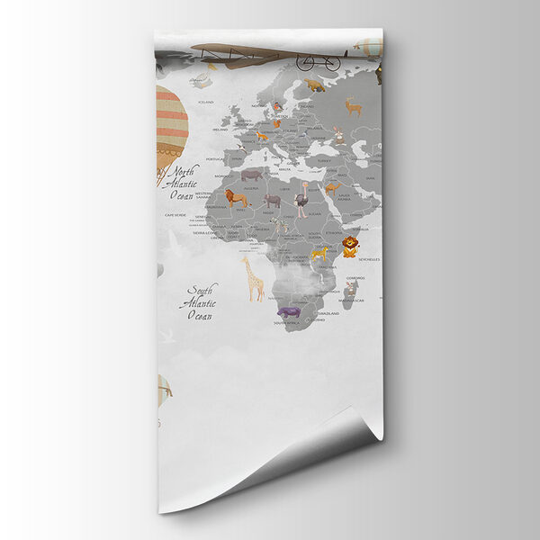 Map of the world with animals and hot air balloons Map of the world with animals and hot air balloons