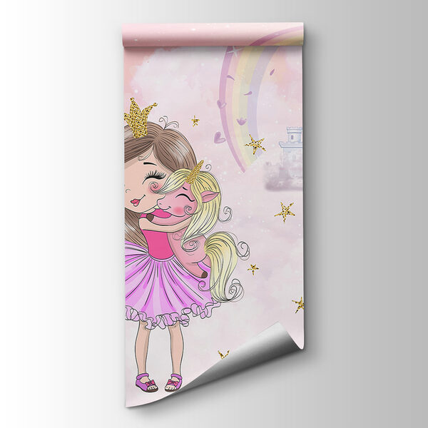 Cartoon of a girl hugging a little girl in a pink dress Cartoon of a girl hugging a little girl in a pink dress