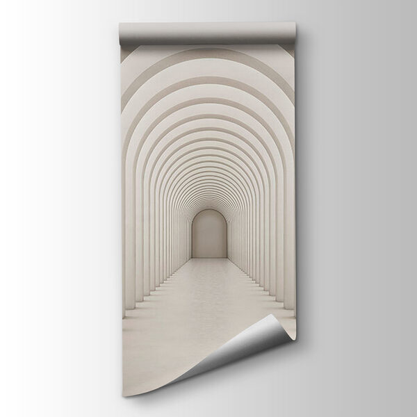 White hallway with arched windows