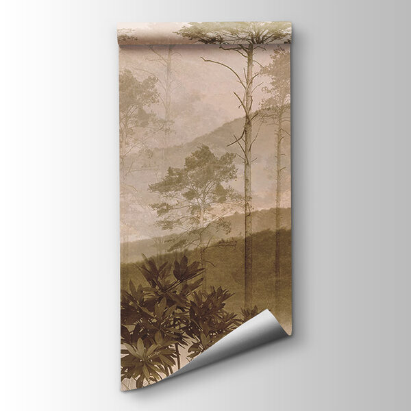 Foggy landscape with trees and hills