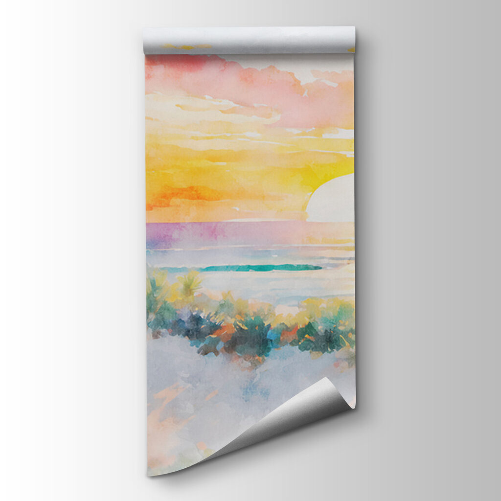 Watercolor painting of a beach with palm trees and a sunset Watercolor painting of a beach with palm trees and a sunset