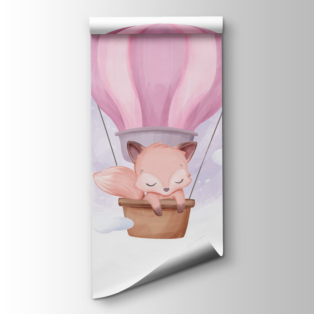 A cartoon fox in a hot air balloon