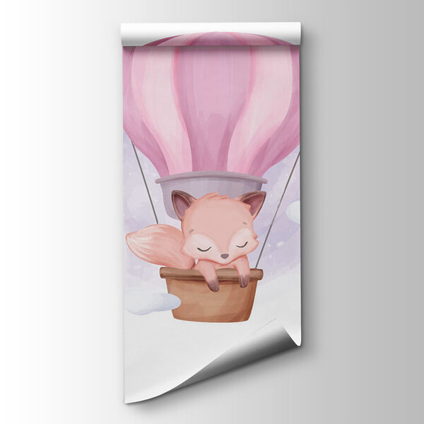 A cartoon fox in a hot air balloon