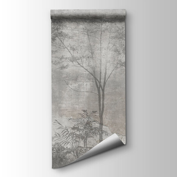 A grey and white photo of trees