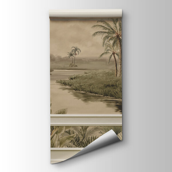 A wall with a painting of trees and a river A wall with a painting of trees and a river