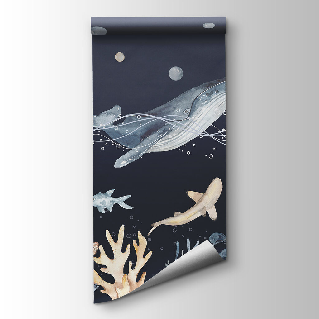 A watercolor of a whale and fish A watercolor of a whale and fish