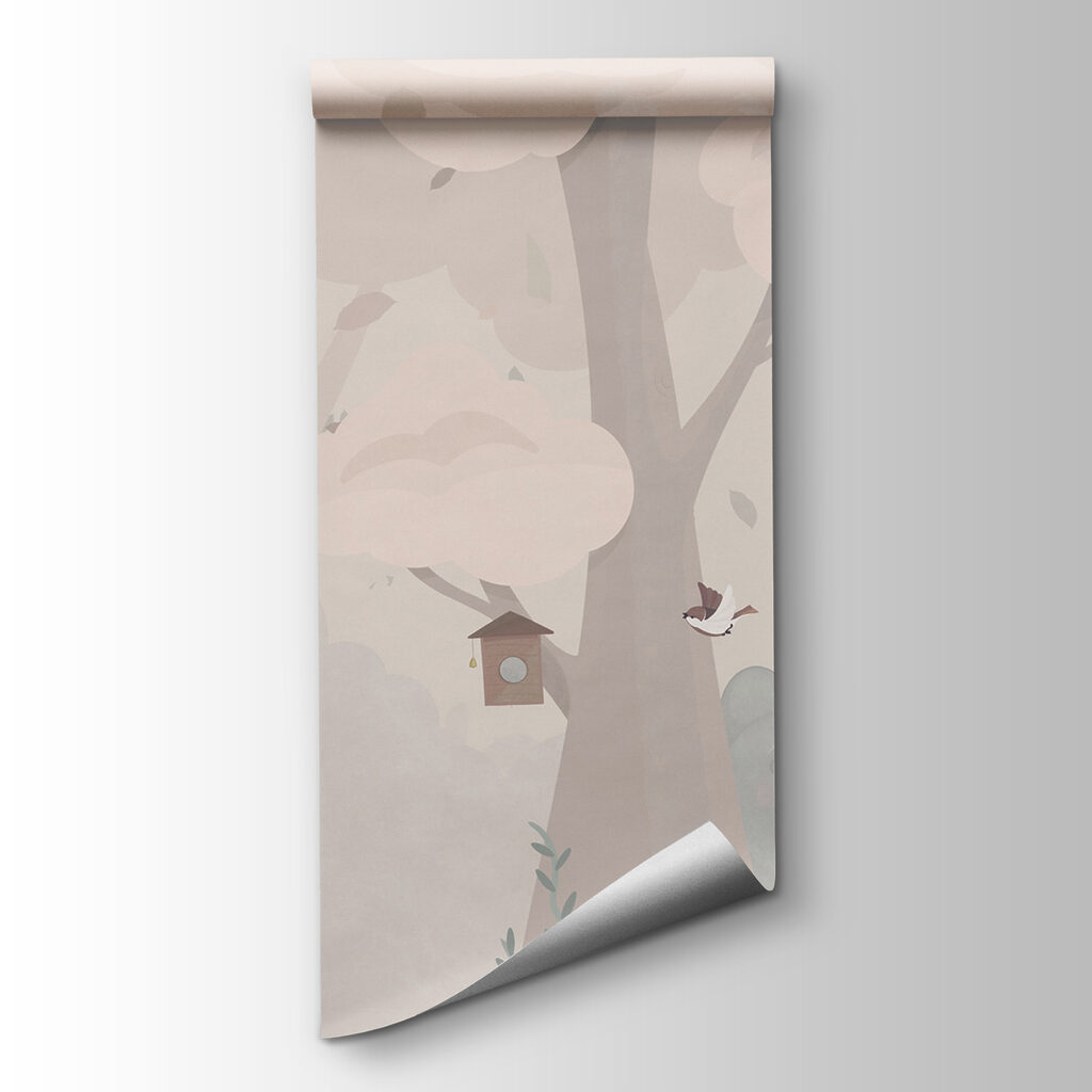 A cartoon of a bear and birds in a forest A cartoon of a bear and birds in a forest