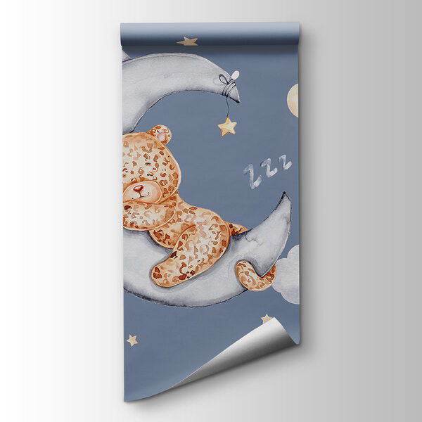 A teddy bear sleeping on the moon