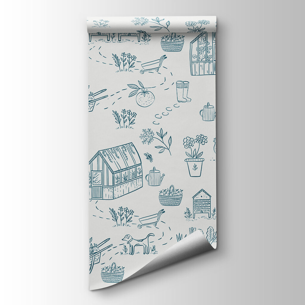 A pattern of gardening tools and plants