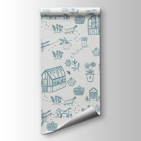 A pattern of gardening tools and plants