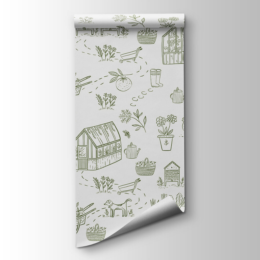 A pattern of gardening tools and plants