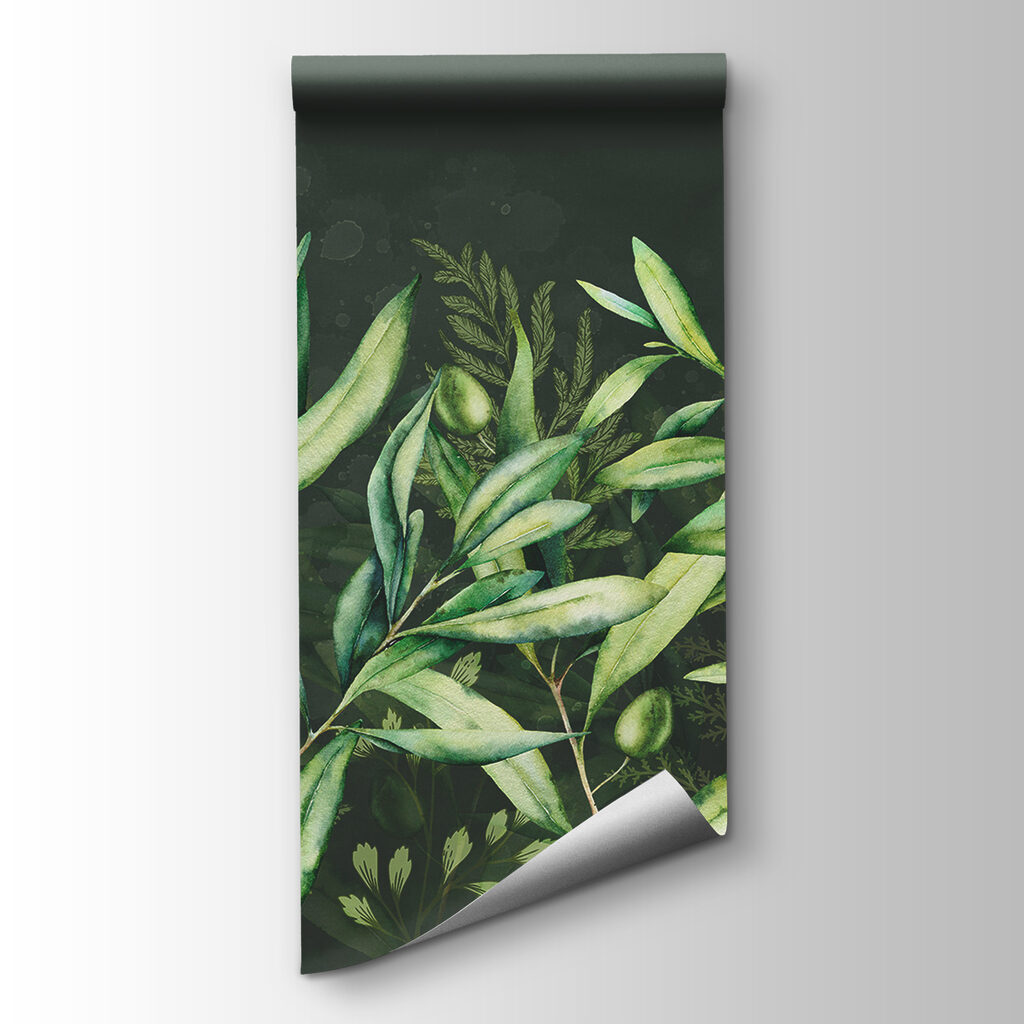A painting of green leaves and fruits