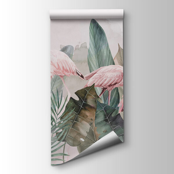 A group of pink flamingos and leaves