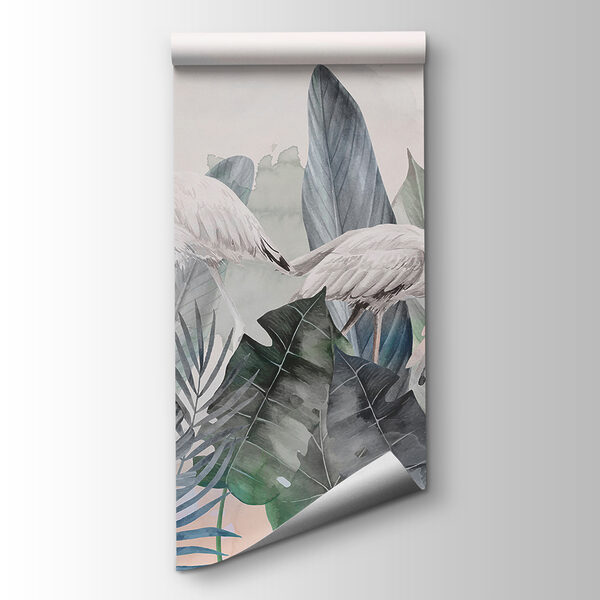 A group of flamingos and leaves