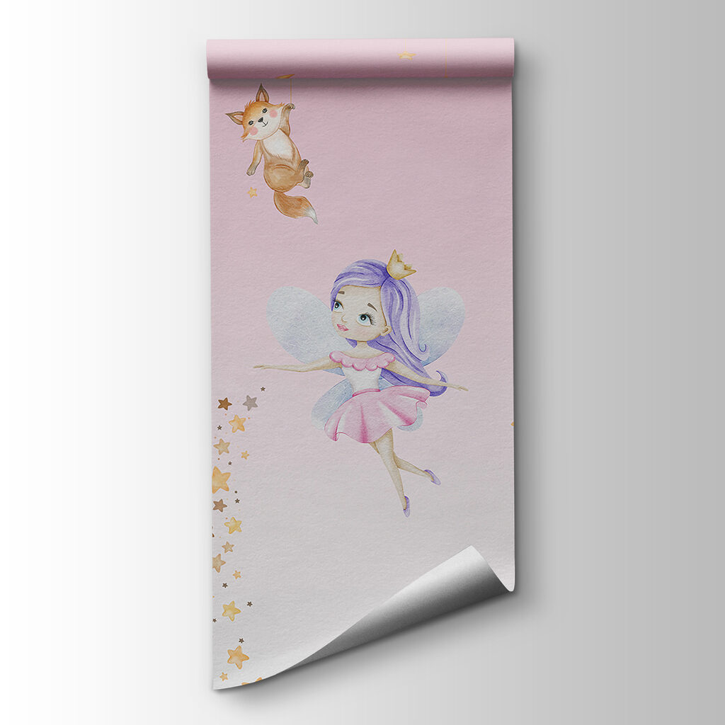 A wall mural of fairies and animals