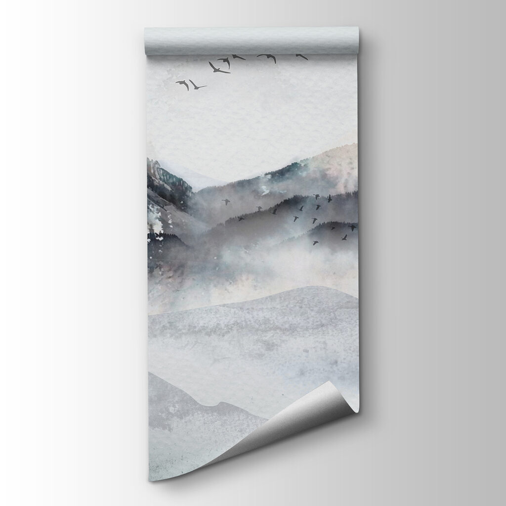 A painting of a mountain range with birds flying over it A painting of a mountain range with birds flying over it