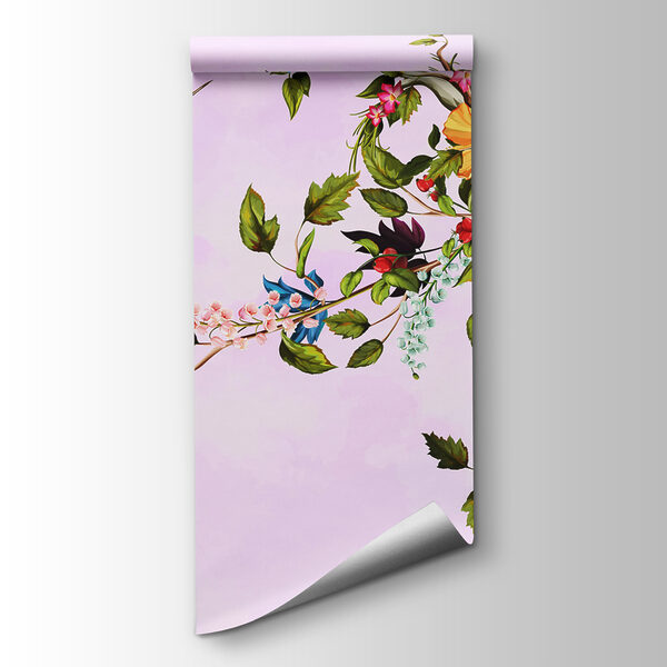 Painting of birds on a branch with flowers