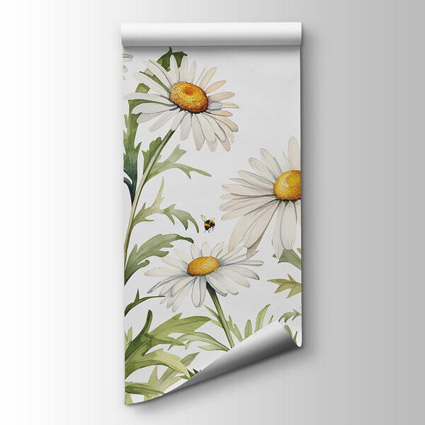 A group of white flowers with yellow centers and green leaves A group of white flowers with yellow centers and green leaves