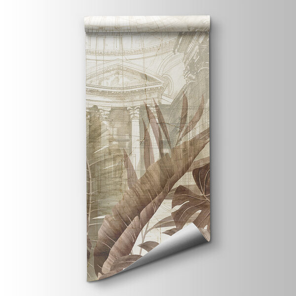 A painting of leaves and a building A painting of leaves and a building