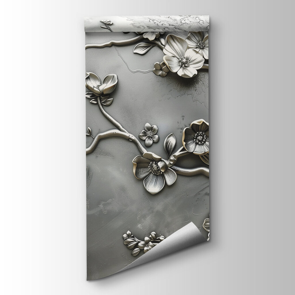Silver floral design on a wall
