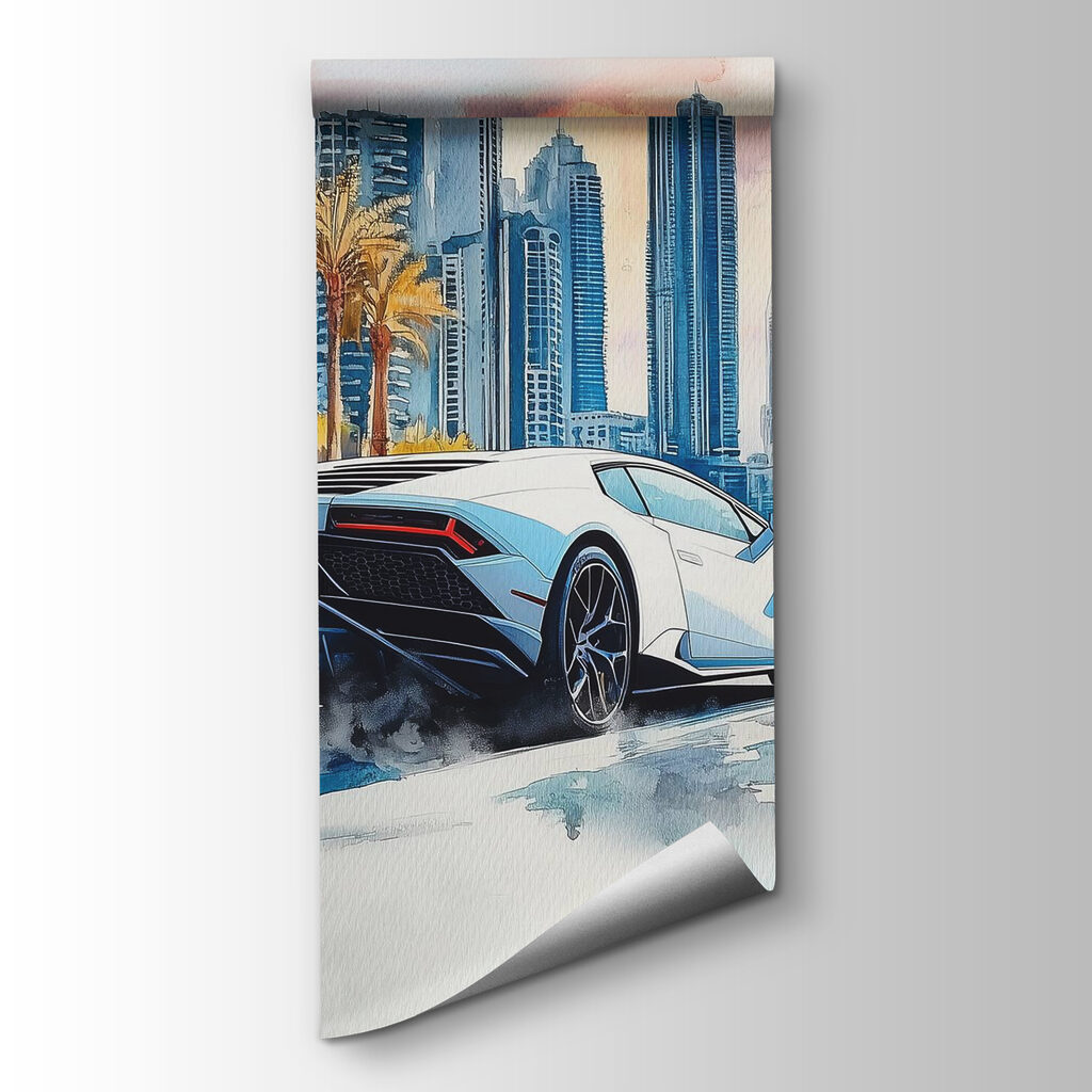 Painting of a white sports car driving on a road with palm trees Painting of a white sports car driving on a road with palm trees