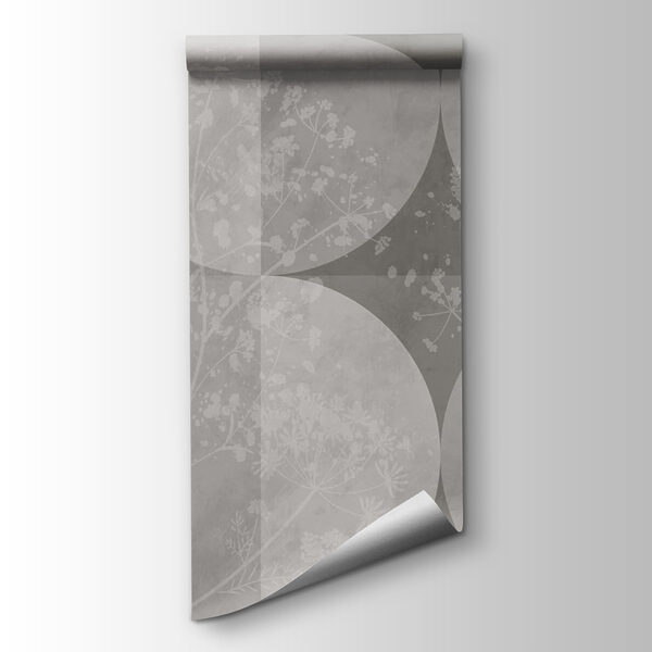 Grey and white background with circles and flowers