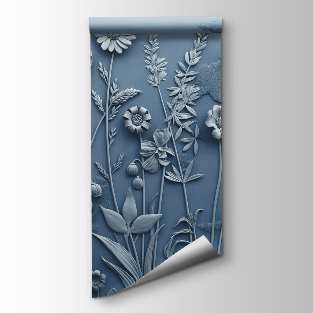 A grey wall with flowers and leaves