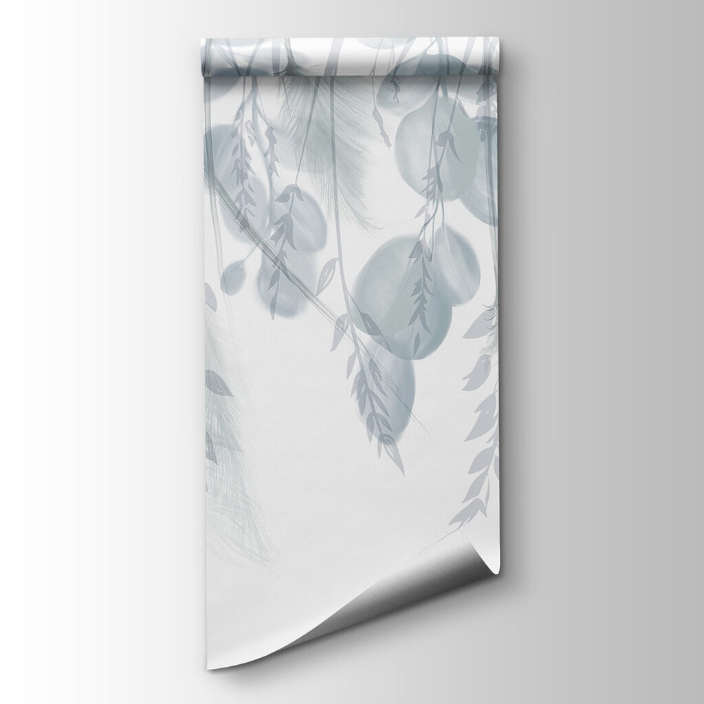 White and gray background with feathers and flowers