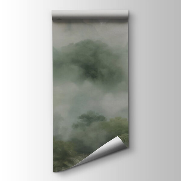 Foggy landscape with mountains and trees