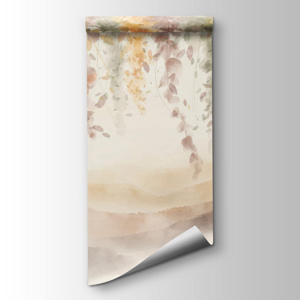 Painting of a landscape with leaves from the ceiling