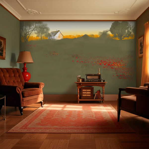 Fotobehang Fotobehang Veld met rode bloemen met een huis op de achtergrond (Artikelnummer: t00525)