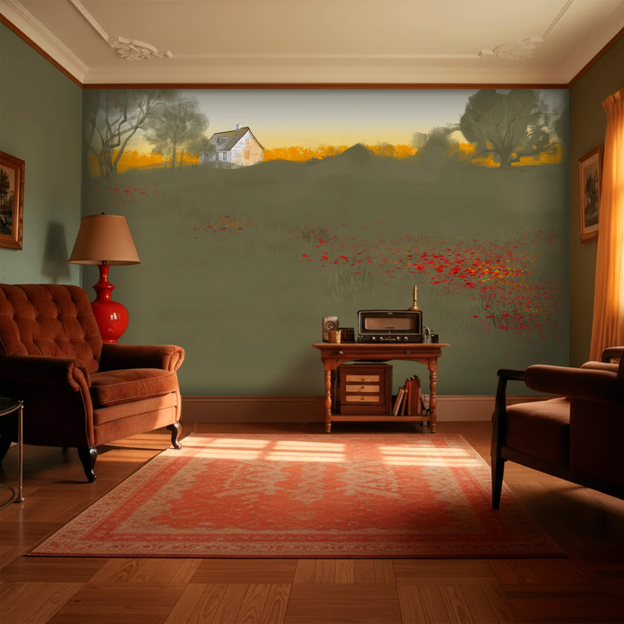 Veld met rode bloemen met een huis op de achtergrond