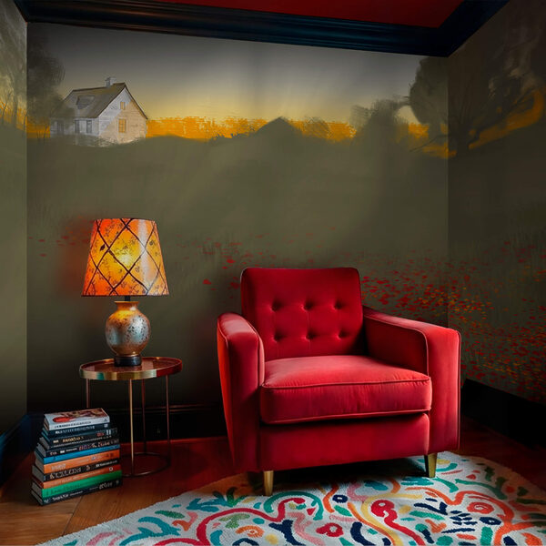 Veld met rode bloemen met een huis op de achtergrond