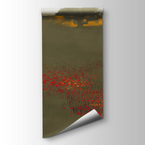 Field of red flowers with a house in the background