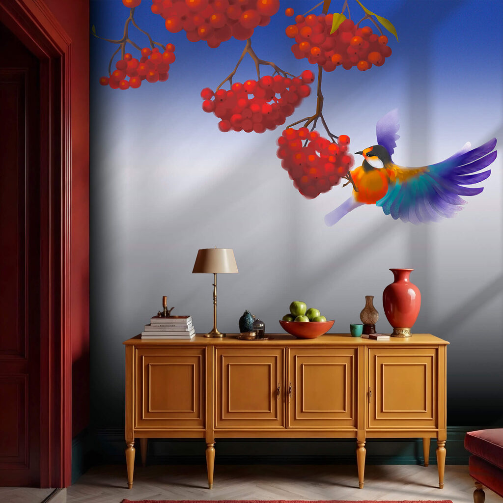 Vogel die een tros rode bessen eet